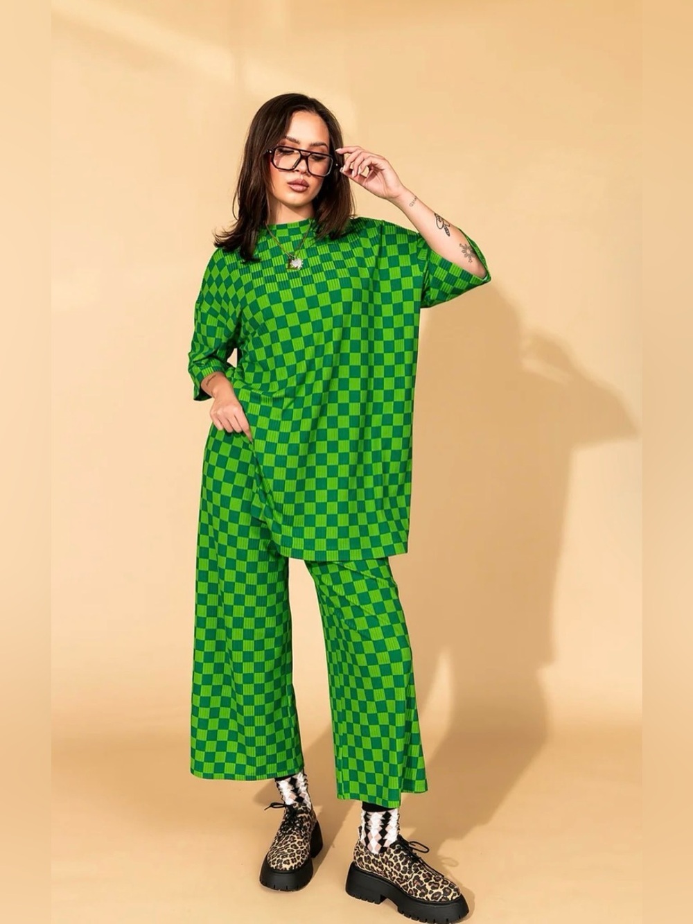 Dressed in LALA Lex Ribbed Play Suit Green Checker Large